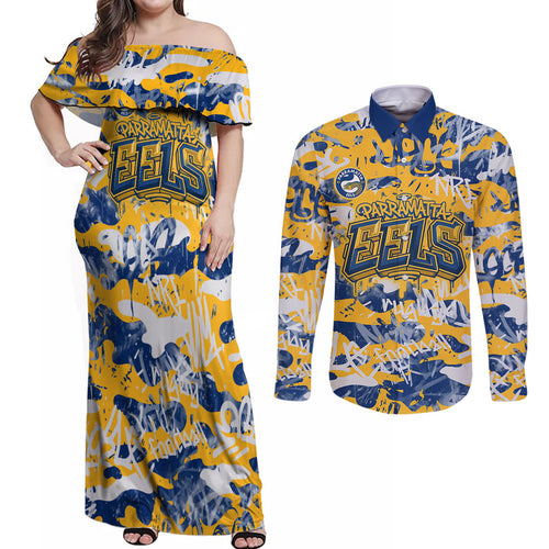 Parramatta Eels Rugby Couples Matching Off Shoulder Maxi Dress and Long Sleeve Button Shirt Graffiti Typography Urban Camo Abstract Street Style