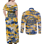 Parramatta Eels Rugby Couples Matching Off Shoulder Maxi Dress and Long Sleeve Button Shirt Graffiti Typography Urban Camo Abstract Street Style