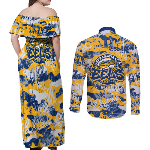 Parramatta Eels Rugby Couples Matching Off Shoulder Maxi Dress and Long Sleeve Button Shirt Graffiti Typography Urban Camo Abstract Street Style