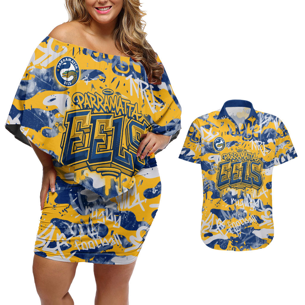 Parramatta Eels Rugby Couples Matching Off Shoulder Short Dress and Hawaiian Shirt Graffiti Typography Urban Camo Abstract Street Style