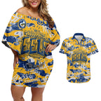 Parramatta Eels Rugby Couples Matching Off Shoulder Short Dress and Hawaiian Shirt Graffiti Typography Urban Camo Abstract Street Style