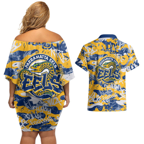Parramatta Eels Rugby Couples Matching Off Shoulder Short Dress and Hawaiian Shirt Graffiti Typography Urban Camo Abstract Street Style