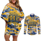 Parramatta Eels Rugby Couples Matching Off Shoulder Short Dress and Long Sleeve Button Shirt Graffiti Typography Urban Camo Abstract Street Style