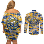 Parramatta Eels Rugby Couples Matching Off Shoulder Short Dress and Long Sleeve Button Shirt Graffiti Typography Urban Camo Abstract Street Style