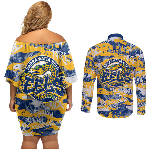 Parramatta Eels Rugby Couples Matching Off Shoulder Short Dress and Long Sleeve Button Shirt Graffiti Typography Urban Camo Abstract Street Style