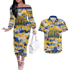Parramatta Eels Rugby Couples Matching Off The Shoulder Long Sleeve Dress and Hawaiian Shirt Graffiti Typography Urban Camo Abstract Street Style
