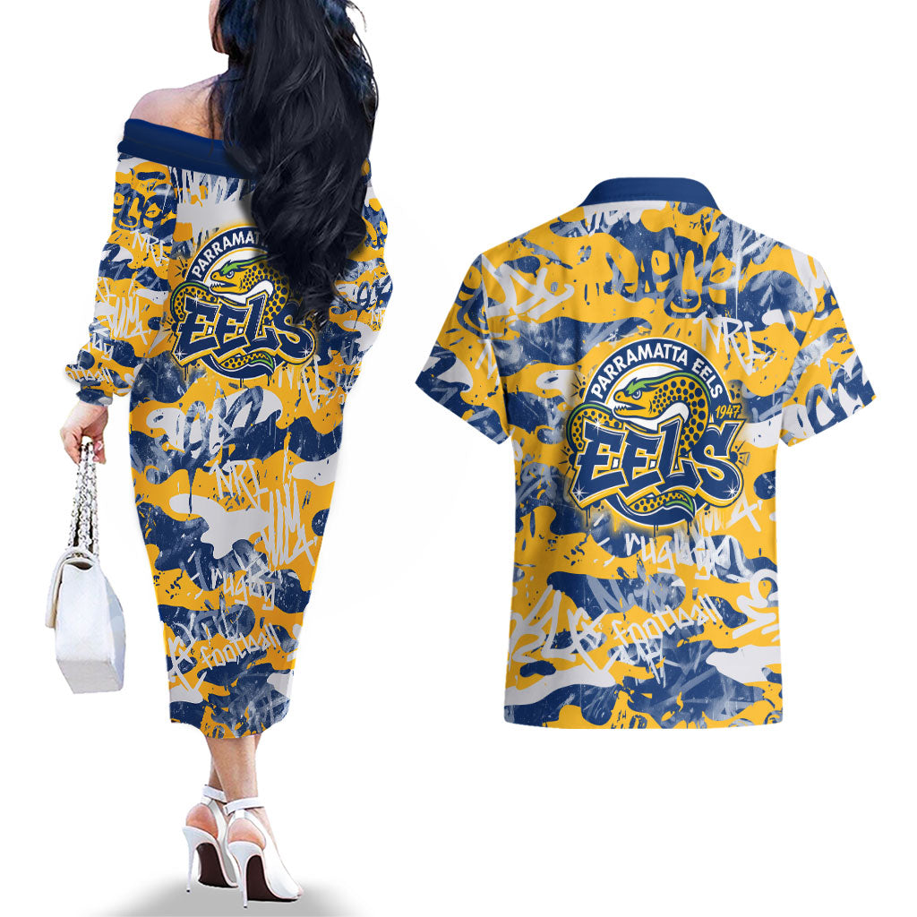 Parramatta Eels Rugby Couples Matching Off The Shoulder Long Sleeve Dress and Hawaiian Shirt Graffiti Typography Urban Camo Abstract Street Style