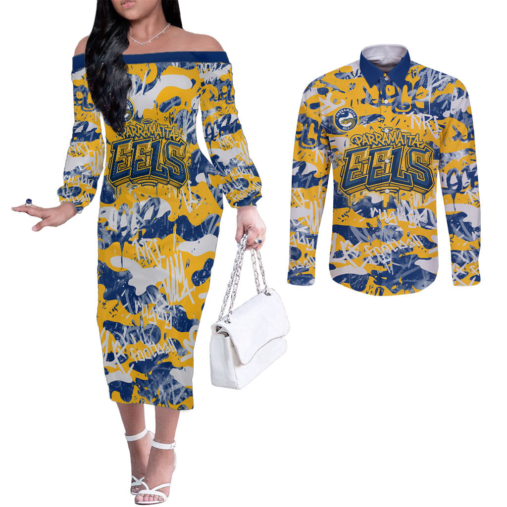 Parramatta Eels Rugby Couples Matching Off The Shoulder Long Sleeve Dress and Long Sleeve Button Shirt Graffiti Typography Urban Camo Abstract Street Style