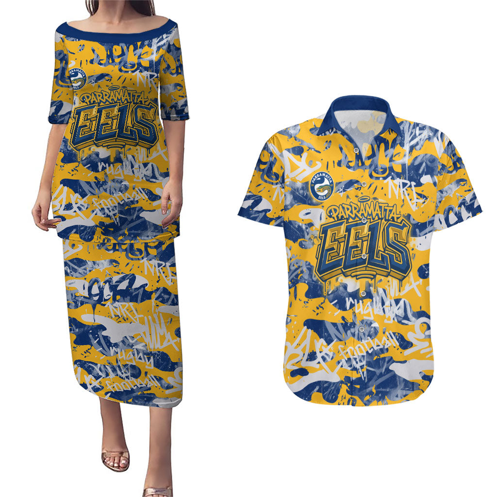 Parramatta Eels Rugby Couples Matching Puletasi and Hawaiian Shirt Graffiti Typography Urban Camo Abstract Street Style
