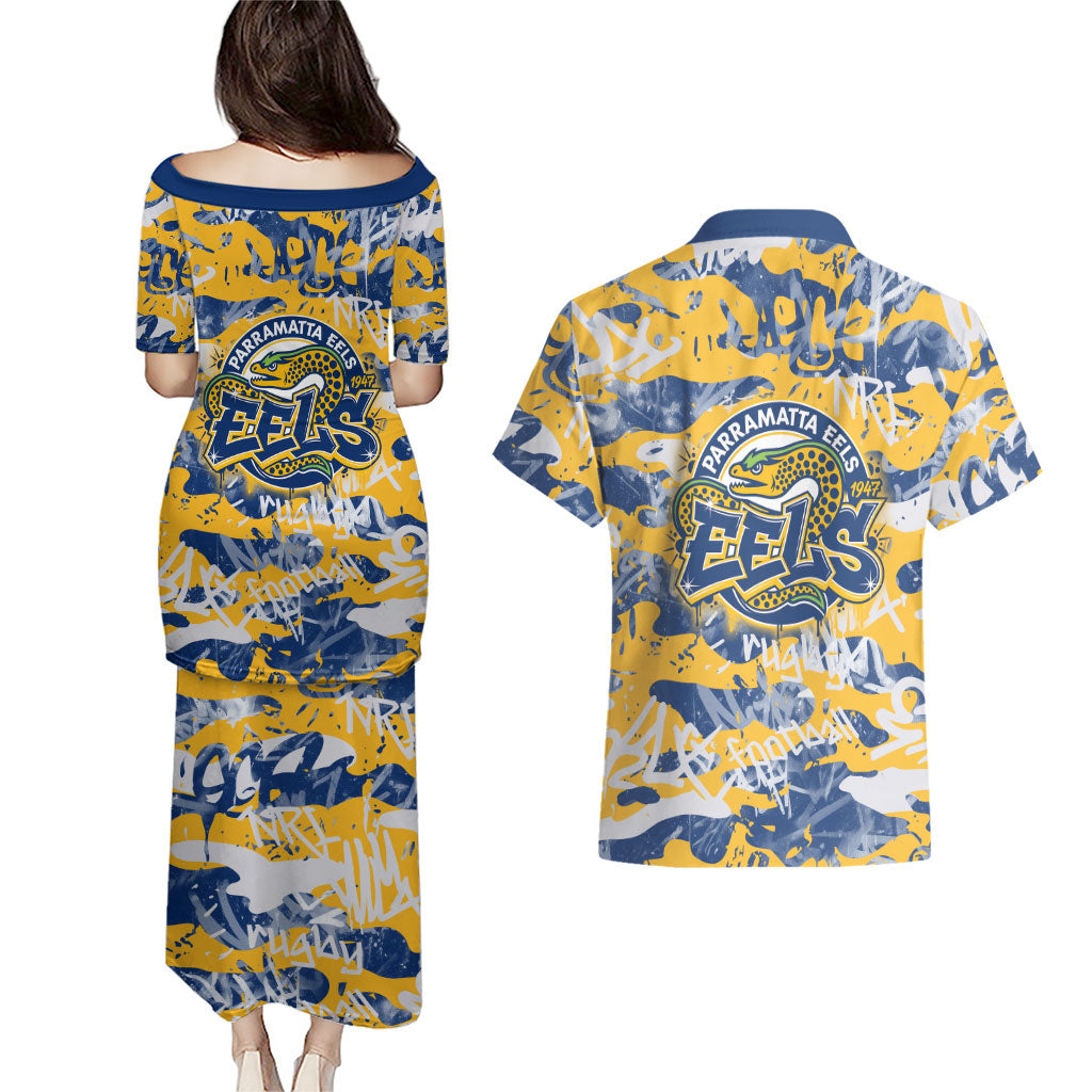 Parramatta Eels Rugby Couples Matching Puletasi and Hawaiian Shirt Graffiti Typography Urban Camo Abstract Street Style