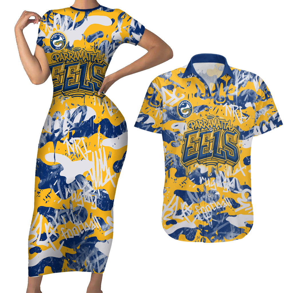 Parramatta Eels Rugby Couples Matching Short Sleeve Bodycon Dress and Hawaiian Shirt Graffiti Typography Urban Camo Abstract Street Style