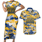 Parramatta Eels Rugby Couples Matching Short Sleeve Bodycon Dress and Hawaiian Shirt Graffiti Typography Urban Camo Abstract Street Style