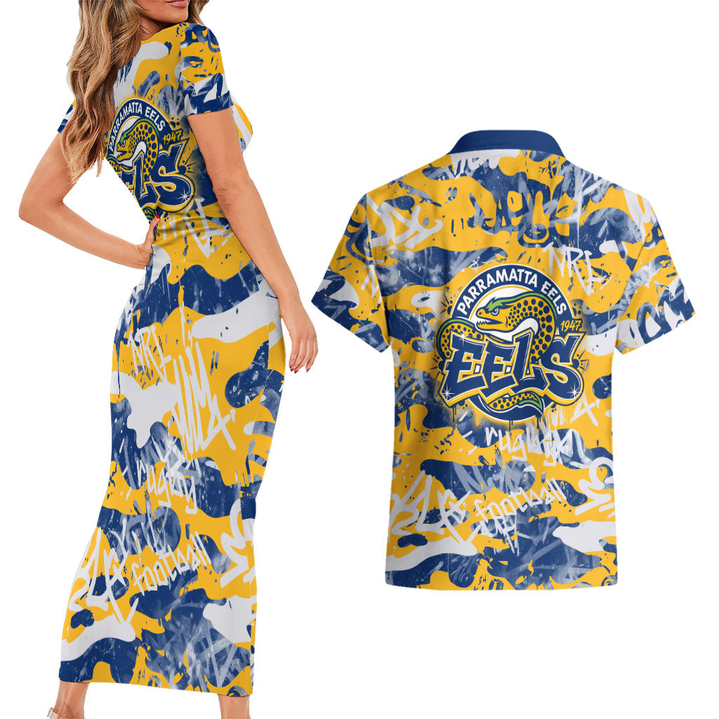 Parramatta Eels Rugby Couples Matching Short Sleeve Bodycon Dress and Hawaiian Shirt Graffiti Typography Urban Camo Abstract Street Style