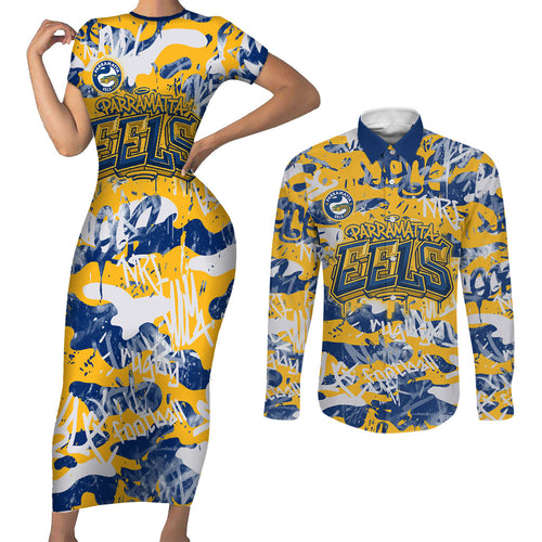 Parramatta Eels Rugby Couples Matching Short Sleeve Bodycon Dress and Long Sleeve Button Shirt Graffiti Typography Urban Camo Abstract Street Style