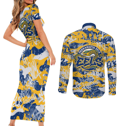 Parramatta Eels Rugby Couples Matching Short Sleeve Bodycon Dress and Long Sleeve Button Shirt Graffiti Typography Urban Camo Abstract Street Style
