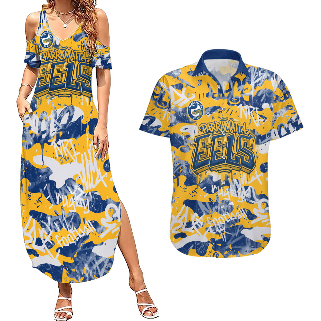 Parramatta Eels Rugby Couples Matching Summer Maxi Dress and Hawaiian Shirt Graffiti Typography Urban Camo Abstract Street Style