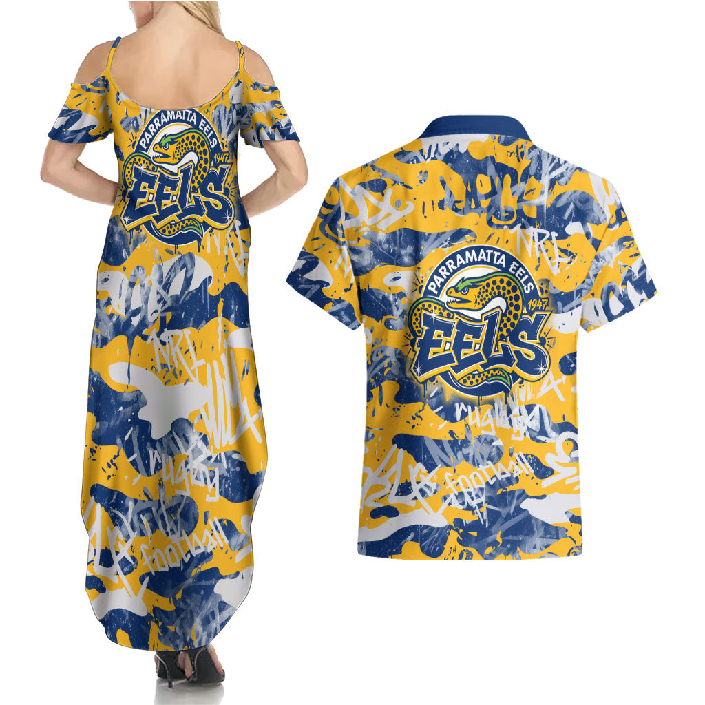 Parramatta Eels Rugby Couples Matching Summer Maxi Dress and Hawaiian Shirt Graffiti Typography Urban Camo Abstract Street Style