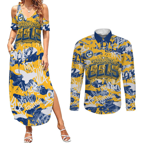 Parramatta Eels Rugby Couples Matching Summer Maxi Dress and Long Sleeve Button Shirt Graffiti Typography Urban Camo Abstract Street Style
