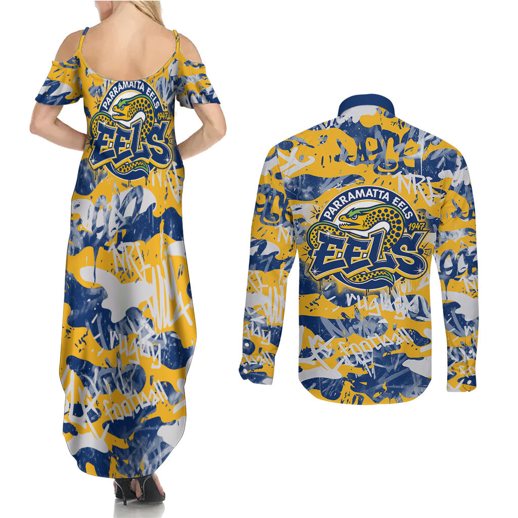 Parramatta Eels Rugby Couples Matching Summer Maxi Dress and Long Sleeve Button Shirt Graffiti Typography Urban Camo Abstract Street Style