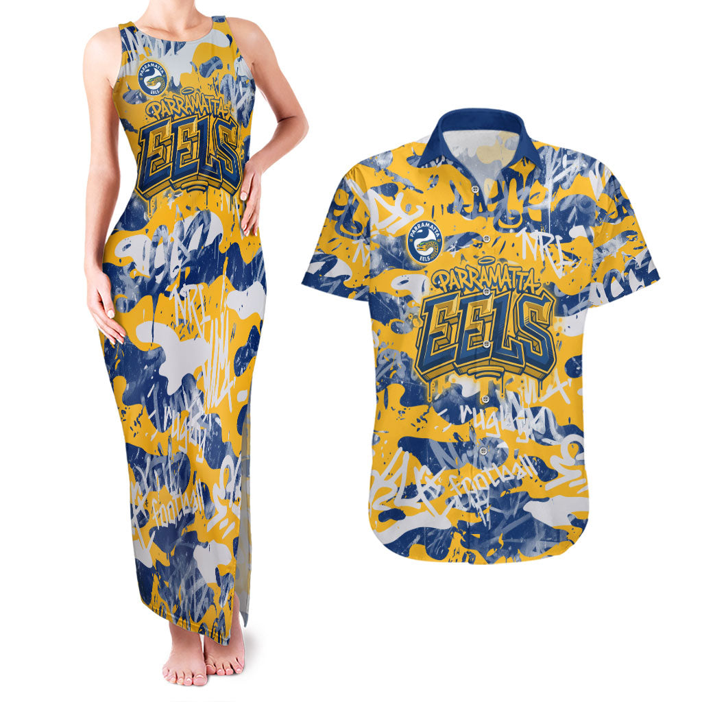 Parramatta Eels Rugby Couples Matching Tank Maxi Dress and Hawaiian Shirt Graffiti Typography Urban Camo Abstract Street Style