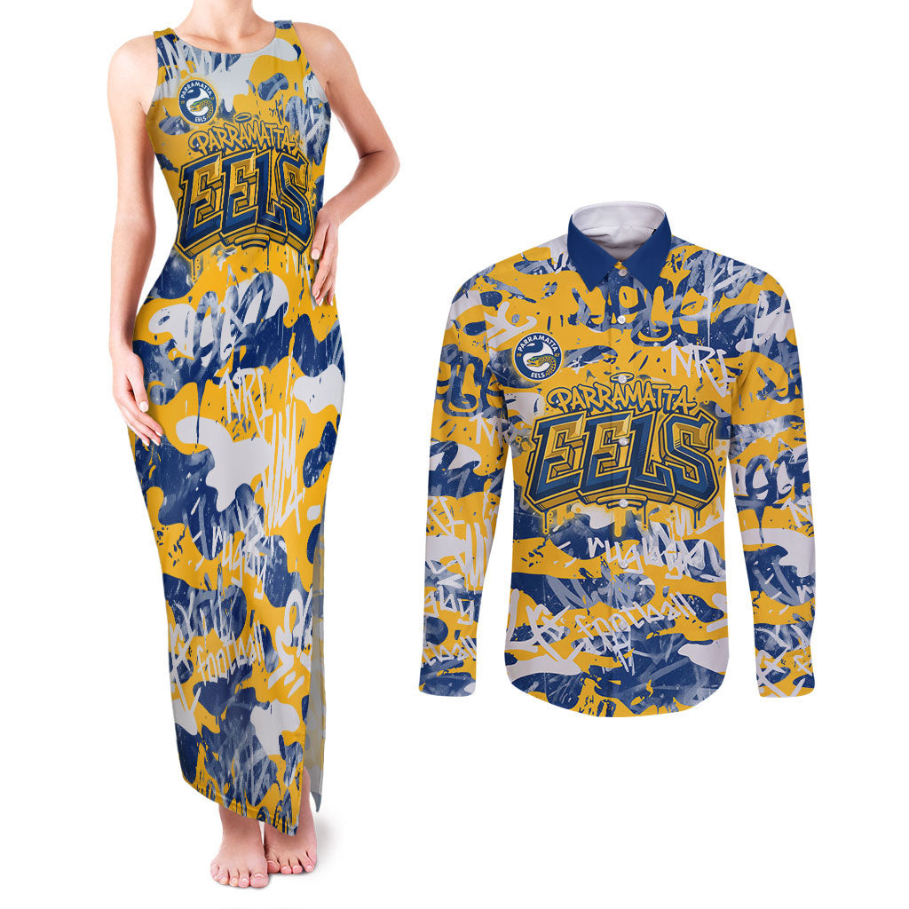Parramatta Eels Rugby Couples Matching Tank Maxi Dress and Long Sleeve Button Shirt Graffiti Typography Urban Camo Abstract Street Style