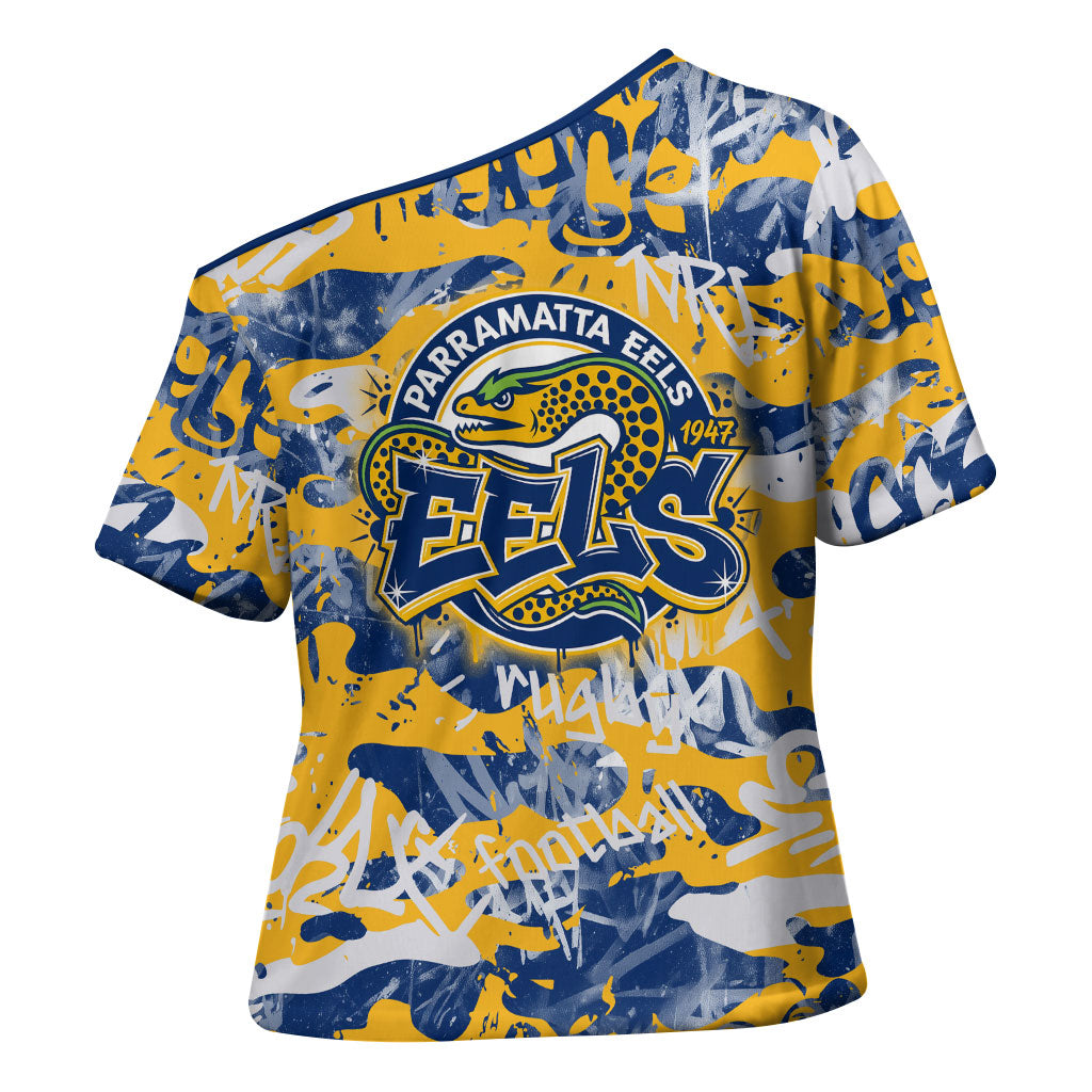 Parramatta Eels Rugby Cross Shoulder Shirt Graffiti Typography Urban Camo Abstract Street Style