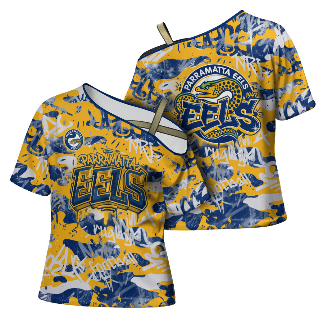 Parramatta Eels Rugby Cross Shoulder Shirt Graffiti Typography Urban Camo Abstract Street Style