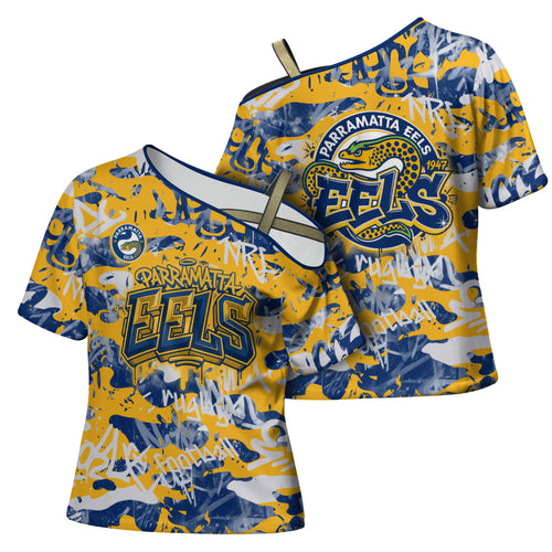 Parramatta Eels Rugby Cross Shoulder Shirt Graffiti Typography Urban Camo Abstract Street Style