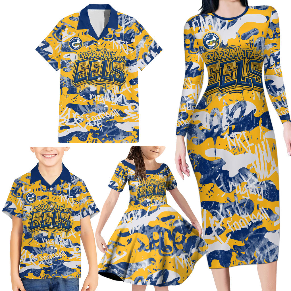 Parramatta Eels Rugby Family Matching Long Sleeve Bodycon Dress and Hawaiian Shirt Graffiti Typography Urban Camo Abstract Street Style