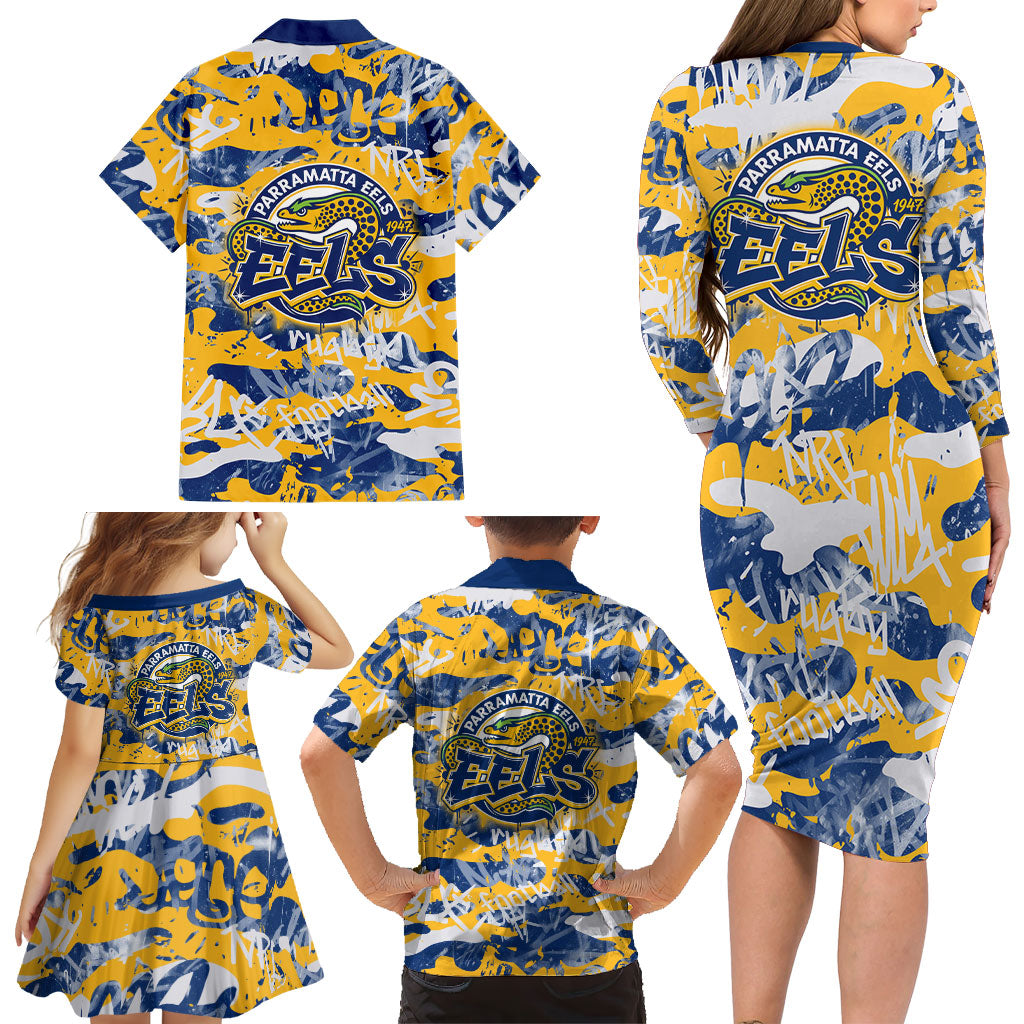 Parramatta Eels Rugby Family Matching Long Sleeve Bodycon Dress and Hawaiian Shirt Graffiti Typography Urban Camo Abstract Street Style