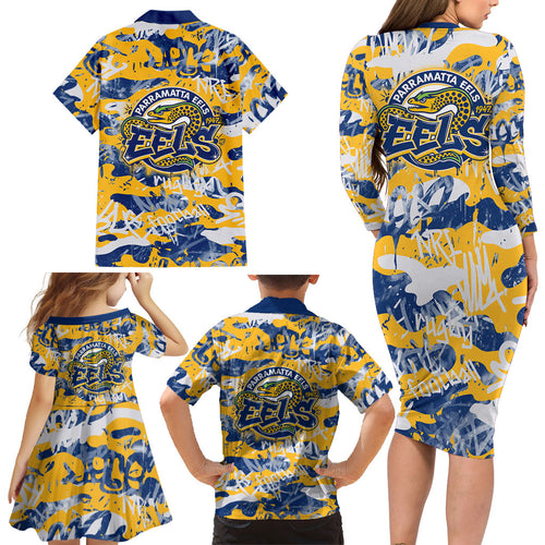 Parramatta Eels Rugby Family Matching Long Sleeve Bodycon Dress and Hawaiian Shirt Graffiti Typography Urban Camo Abstract Street Style