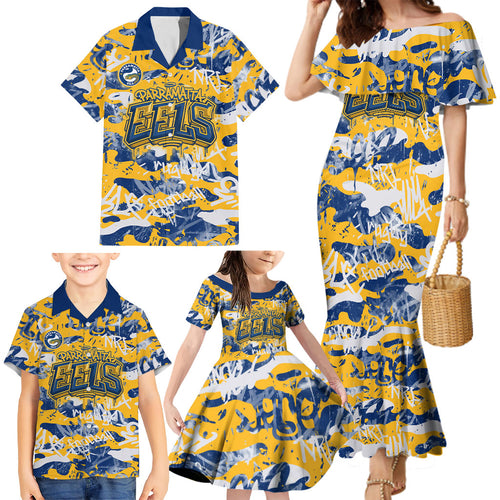 Parramatta Eels Rugby Family Matching Mermaid Dress and Hawaiian Shirt Graffiti Typography Urban Camo Abstract Street Style