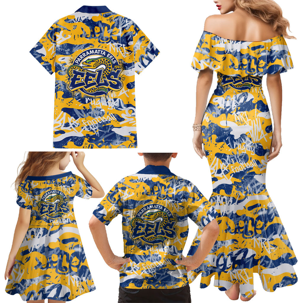 Parramatta Eels Rugby Family Matching Mermaid Dress and Hawaiian Shirt Graffiti Typography Urban Camo Abstract Street Style