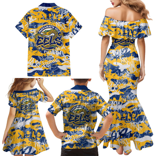 Parramatta Eels Rugby Family Matching Mermaid Dress and Hawaiian Shirt Graffiti Typography Urban Camo Abstract Street Style