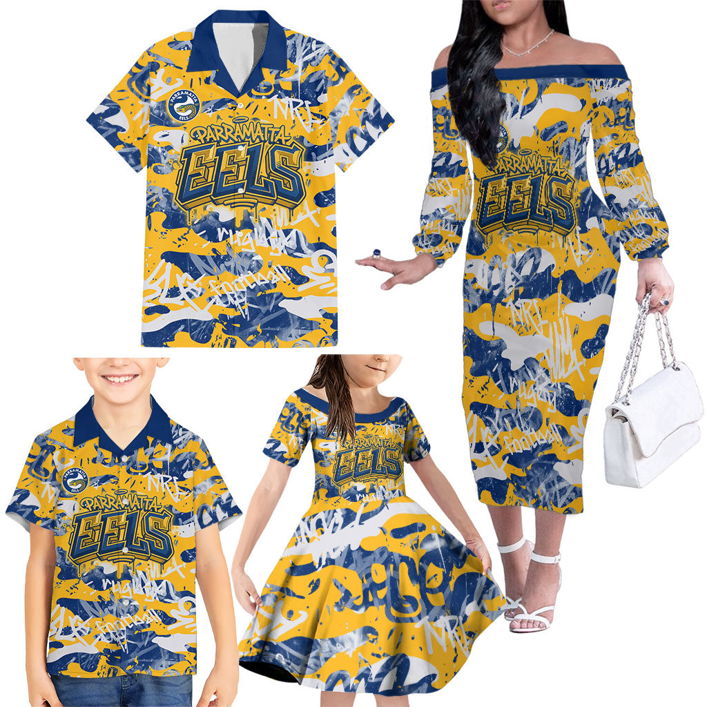 Parramatta Eels Rugby Family Matching Off The Shoulder Long Sleeve Dress and Hawaiian Shirt Graffiti Typography Urban Camo Abstract Street Style