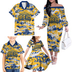 Parramatta Eels Rugby Family Matching Off The Shoulder Long Sleeve Dress and Hawaiian Shirt Graffiti Typography Urban Camo Abstract Street Style