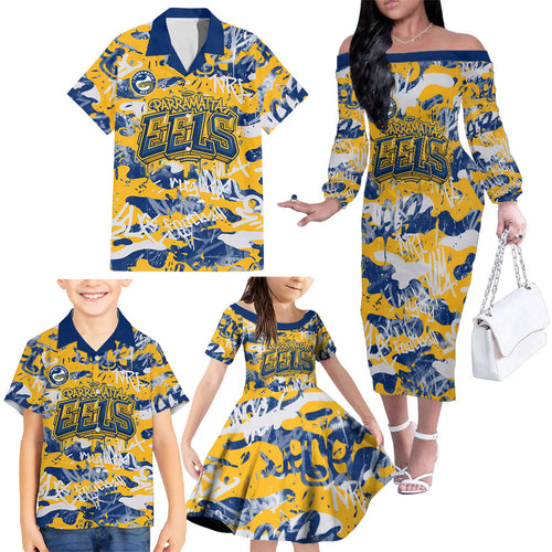 Parramatta Eels Rugby Family Matching Off The Shoulder Long Sleeve Dress and Hawaiian Shirt Graffiti Typography Urban Camo Abstract Street Style
