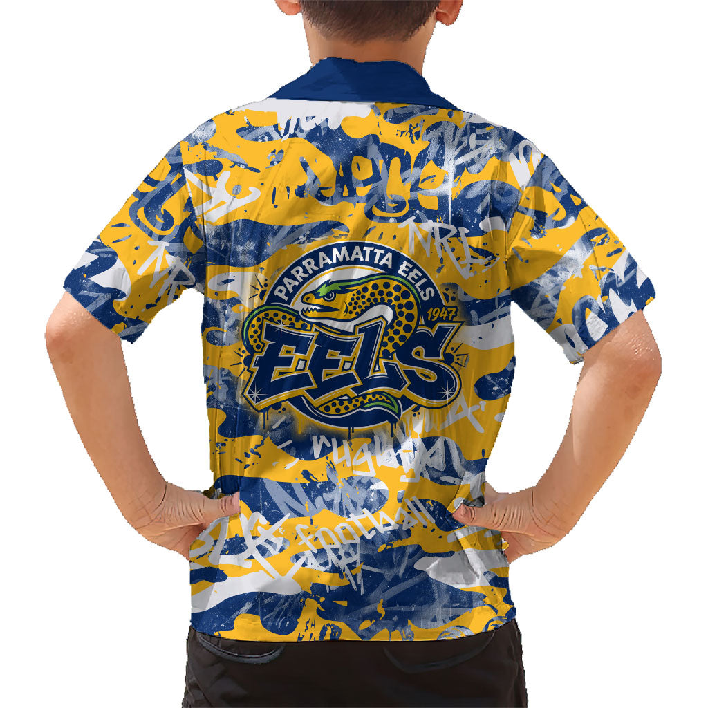 Parramatta Eels Rugby Family Matching Off The Shoulder Long Sleeve Dress and Hawaiian Shirt Graffiti Typography Urban Camo Abstract Street Style