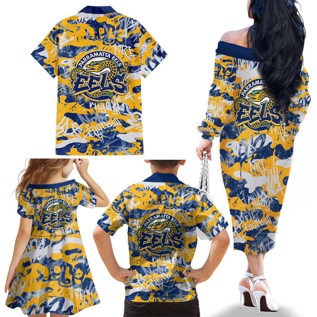 Parramatta Eels Rugby Family Matching Off The Shoulder Long Sleeve Dress and Hawaiian Shirt Graffiti Typography Urban Camo Abstract Street Style
