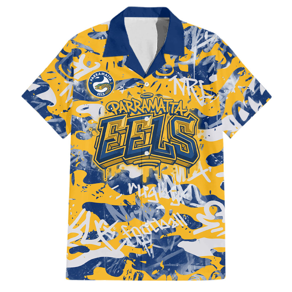Parramatta Eels Rugby Family Matching Off The Shoulder Long Sleeve Dress and Hawaiian Shirt Graffiti Typography Urban Camo Abstract Street Style