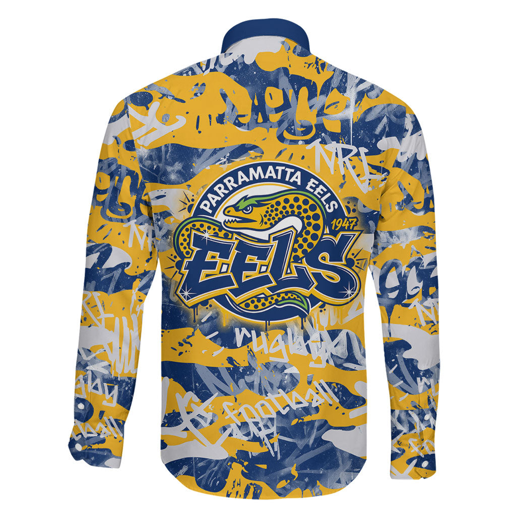 Parramatta Eels Rugby Family Matching Off The Shoulder Long Sleeve Dress and Hawaiian Shirt Graffiti Typography Urban Camo Abstract Street Style