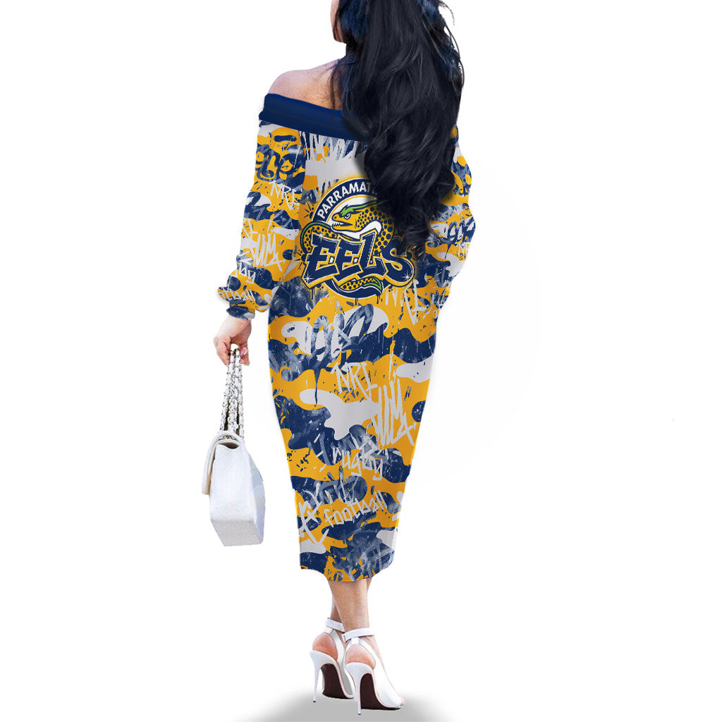 Parramatta Eels Rugby Family Matching Off The Shoulder Long Sleeve Dress and Hawaiian Shirt Graffiti Typography Urban Camo Abstract Street Style