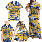 Parramatta Eels Rugby Family Matching Off Shoulder Maxi Dress and Hawaiian Shirt Graffiti Typography Urban Camo Abstract Street Style