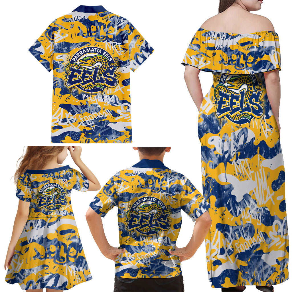 Parramatta Eels Rugby Family Matching Off Shoulder Maxi Dress and Hawaiian Shirt Graffiti Typography Urban Camo Abstract Street Style