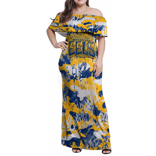 Parramatta Eels Rugby Family Matching Off Shoulder Maxi Dress and Hawaiian Shirt Graffiti Typography Urban Camo Abstract Street Style