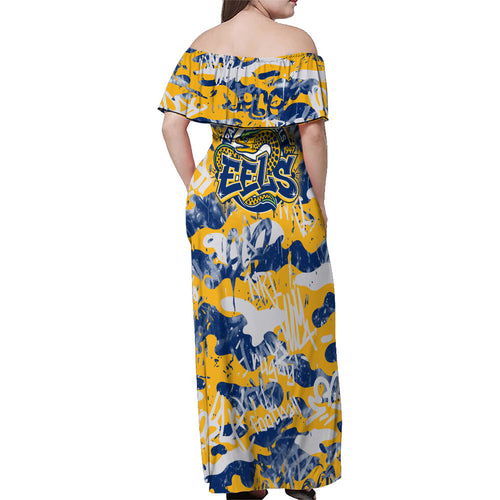 Parramatta Eels Rugby Family Matching Off Shoulder Maxi Dress and Hawaiian Shirt Graffiti Typography Urban Camo Abstract Street Style