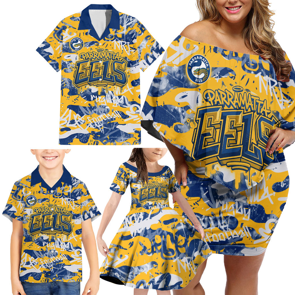 Parramatta Eels Rugby Family Matching Off Shoulder Short Dress and Hawaiian Shirt Graffiti Typography Urban Camo Abstract Street Style
