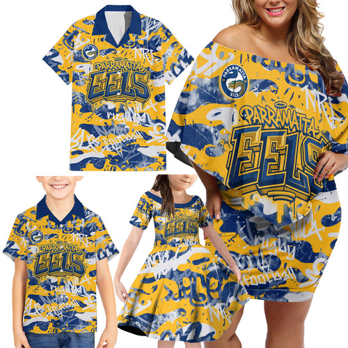 Parramatta Eels Rugby Family Matching Off Shoulder Short Dress and Hawaiian Shirt Graffiti Typography Urban Camo Abstract Street Style