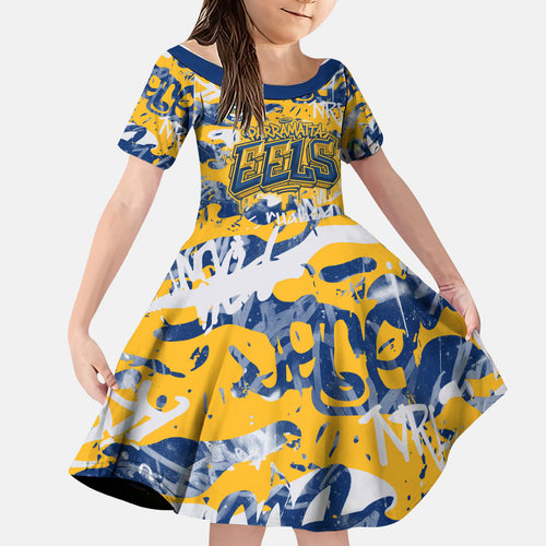 Parramatta Eels Rugby Family Matching Off Shoulder Short Dress and Hawaiian Shirt Graffiti Typography Urban Camo Abstract Street Style