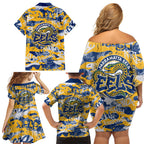 Parramatta Eels Rugby Family Matching Off Shoulder Short Dress and Hawaiian Shirt Graffiti Typography Urban Camo Abstract Street Style